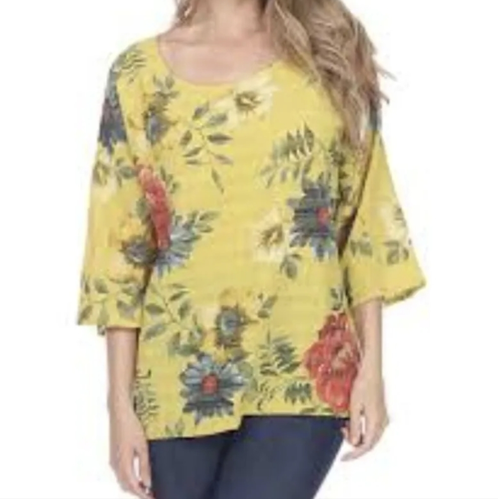 Simply Couture Italia Floral On Yellow Cotton Top Shirt, Large